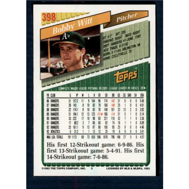 1993 Topps #398 Bobby Witt NM-MT Oakland Athletics Baseball Card - Baseball Card Single