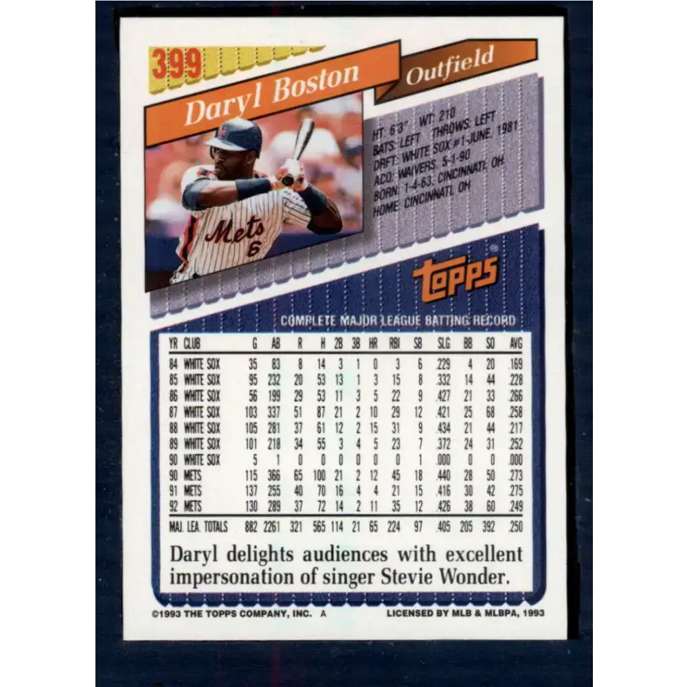 1993 Topps #399 Daryl Boston NM-MT New York Mets Baseball Card - Baseball Card Single