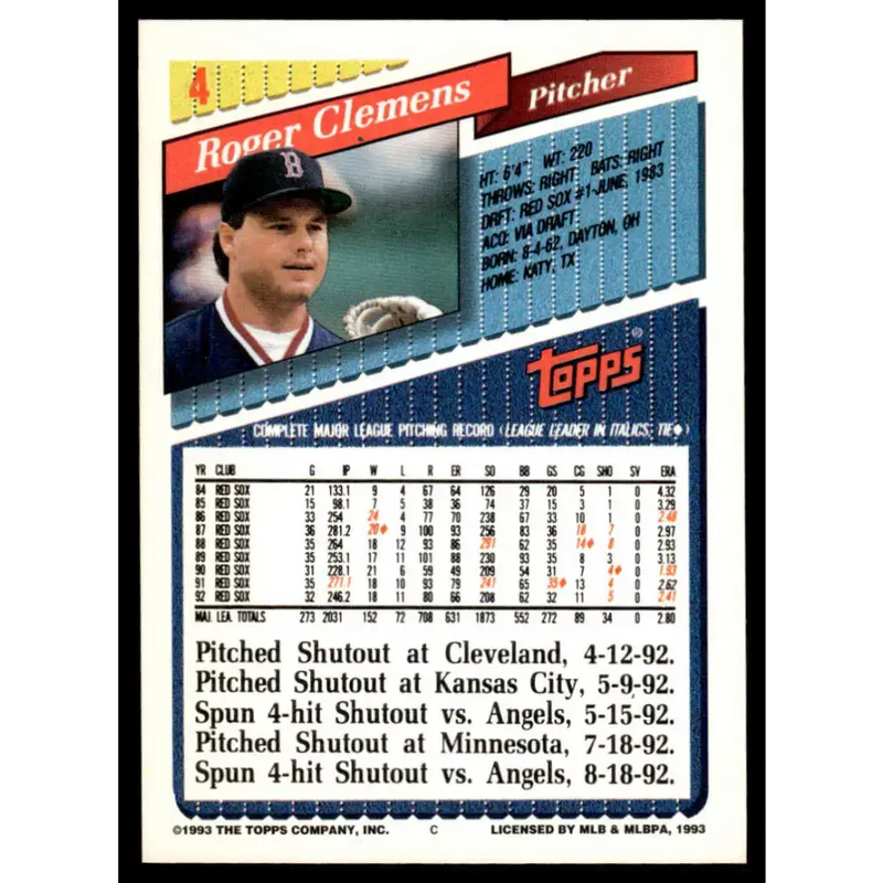 1993 Topps #4 Roger Clemens EX/NM Boston Red Sox Baseball Card - Baseball Card Single