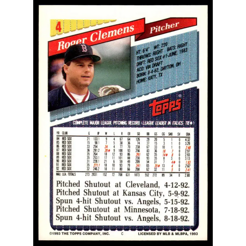 1993 Topps #4 Roger Clemens EX/NM Boston Red Sox Baseball Card - Baseball Card Single
