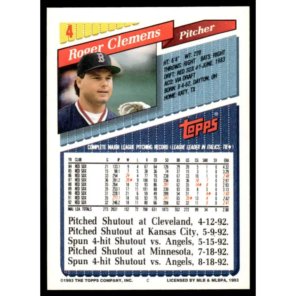 1993 Topps #4 Roger Clemens EX/NM Boston Red Sox Baseball Card - Baseball Card Single