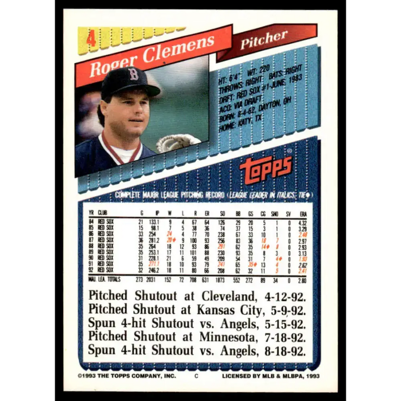 1993 Topps #4 Roger Clemens EX/NM Boston Red Sox Baseball Card - Baseball Card Single