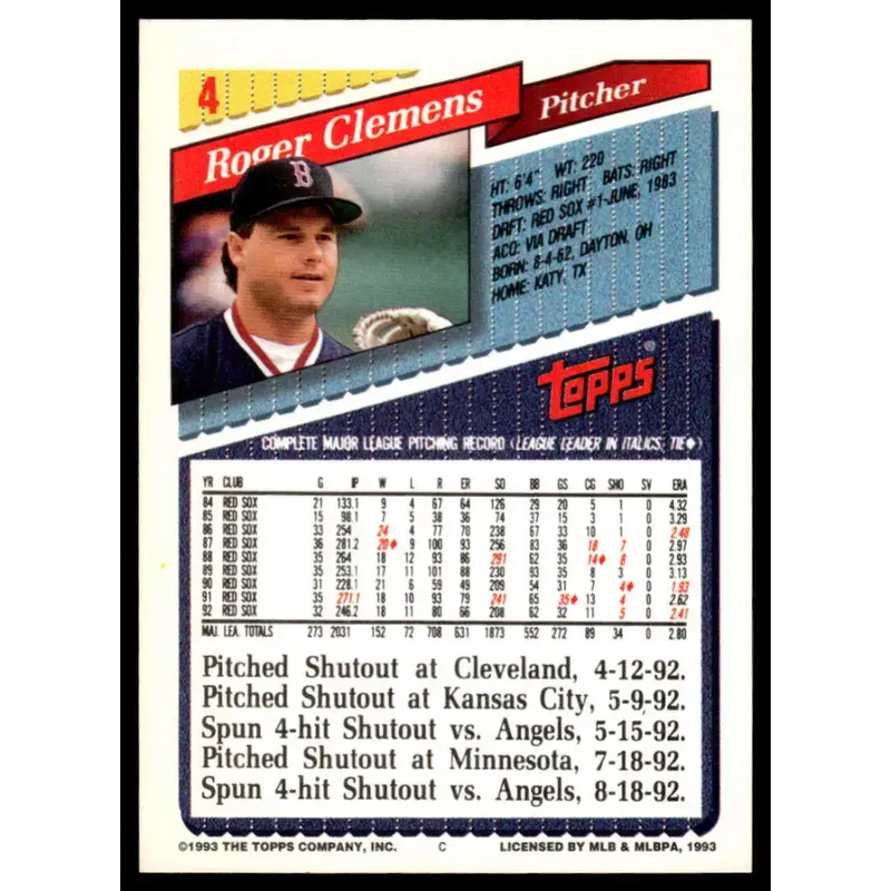 1993 Topps #4 Roger Clemens EX/NM Boston Red Sox Baseball Card - Baseball Card Single