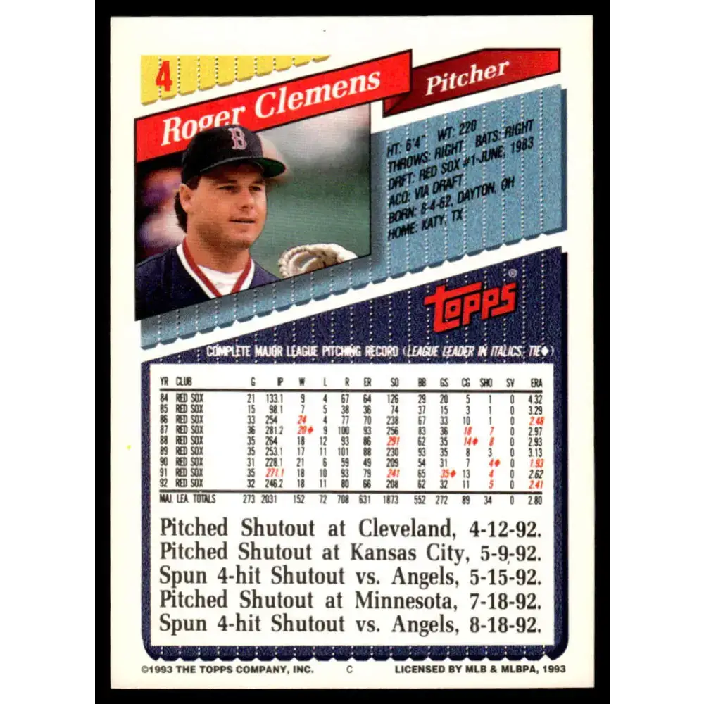 1993 Topps #4 Roger Clemens EX/NM Boston Red Sox Baseball Card - Baseball Card Single