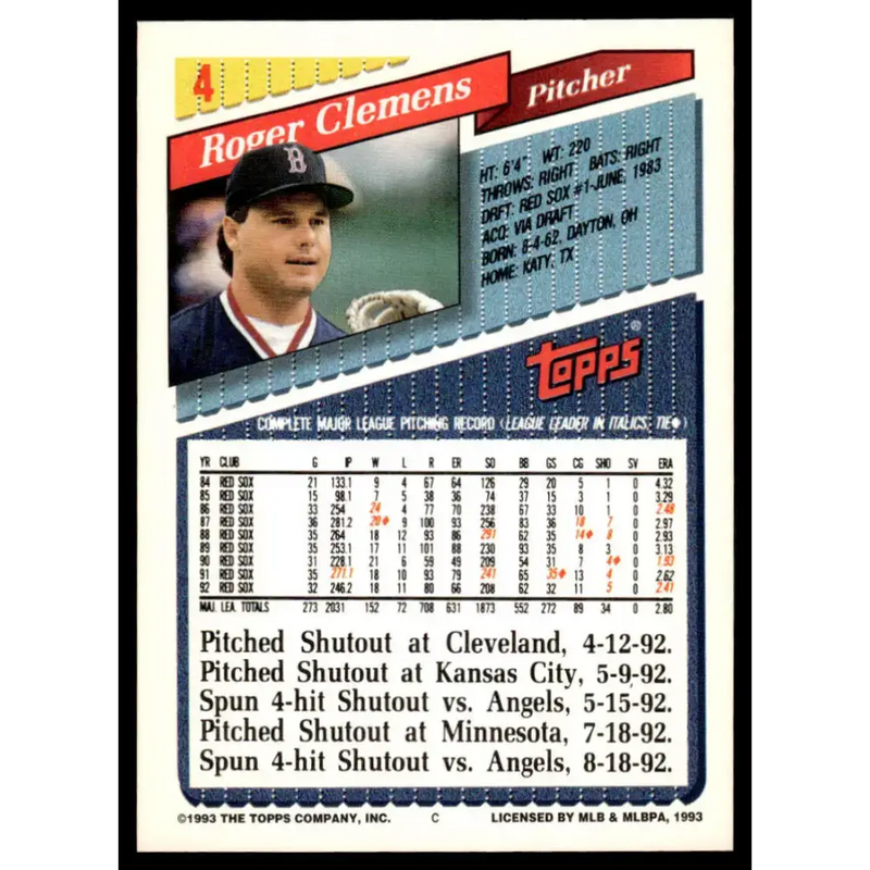 1993 Topps #4 Roger Clemens EX/NM Boston Red Sox Baseball Card - Baseball Card Single