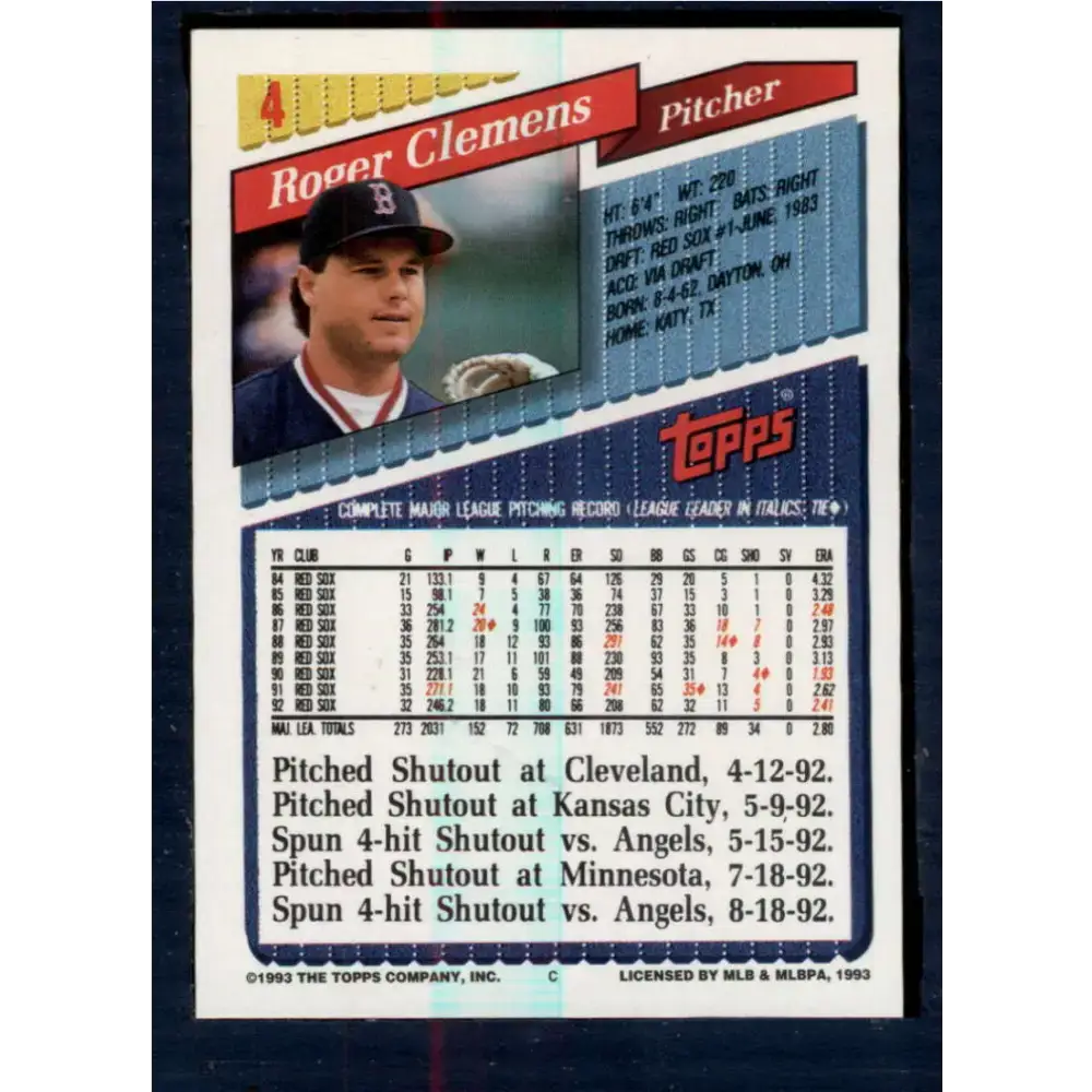 1993 Topps #4 Roger Clemens NM-MT Boston Red Sox Baseball Card - Baseball Card Single