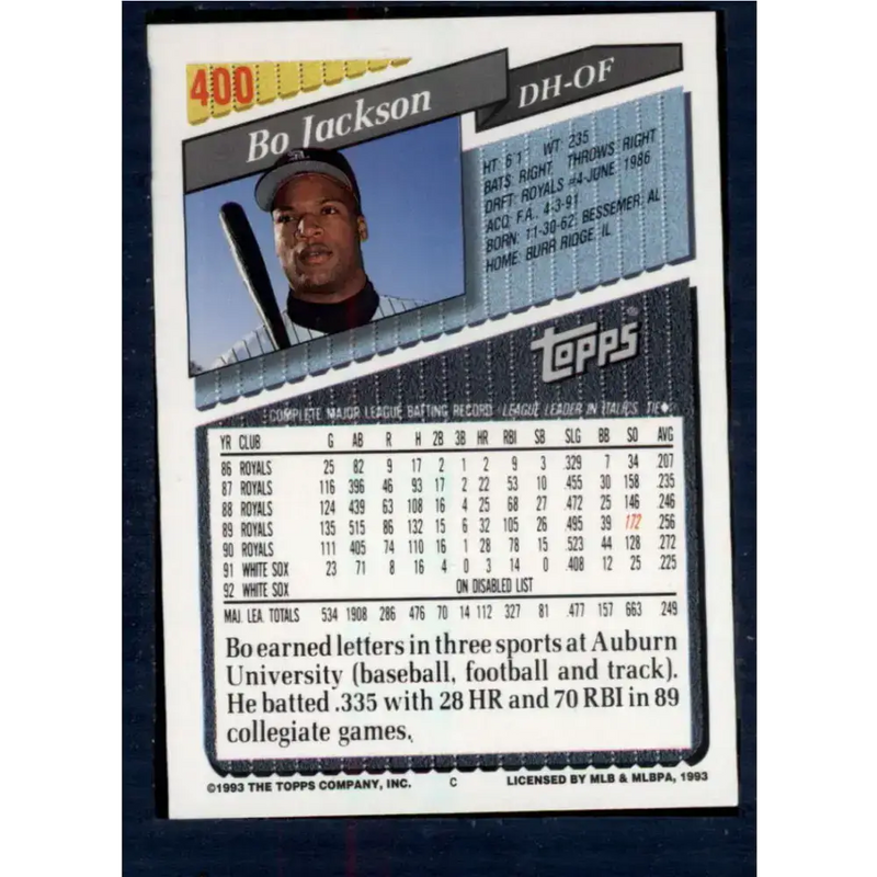 1993 Topps #400 Bo Jackson NM-MT Chicago White Sox Baseball Card - Baseball Card Single