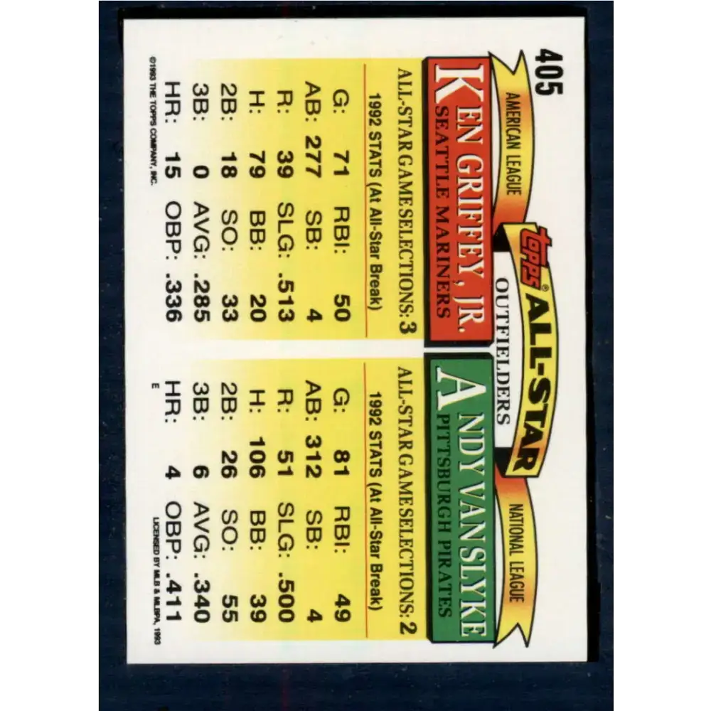1993 Topps #405 Andy Van Slyke/Ken Griffey Jr. NM-MT Pittsburgh Pirates/Seattle Mariners Baseball Card - Baseball Card