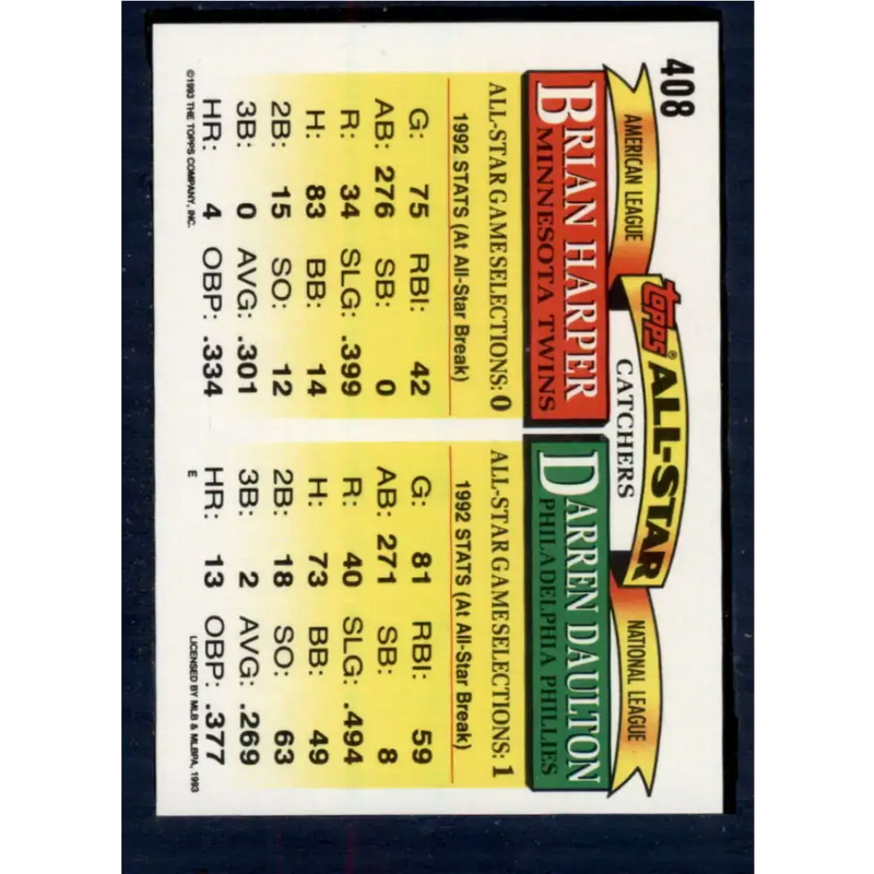 1993 Topps #408 Darren Daulton/Brian Harper NM-MT Philadelphia Phillies/Minnesota Twins Baseball Card