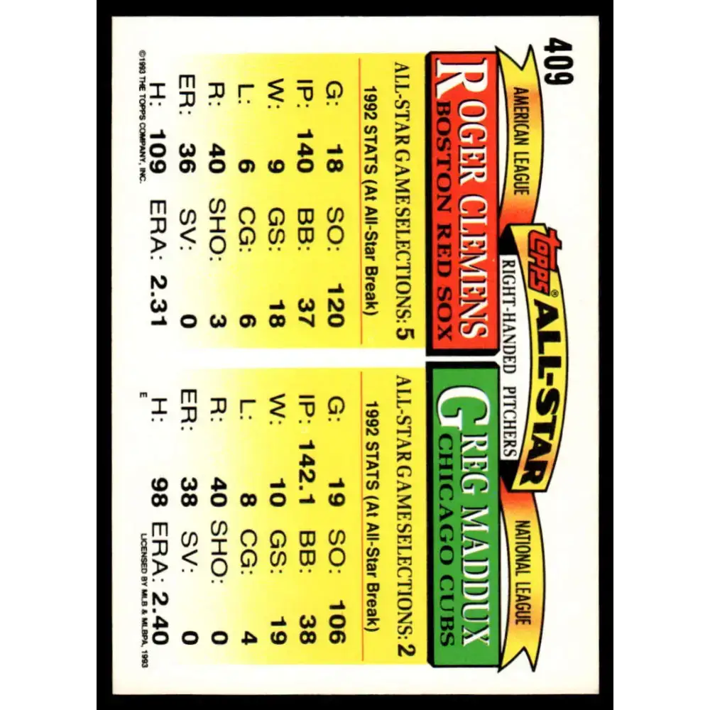 1993 Topps #409 Greg Maddux / Roger Clemens AS EX/NM Chicago Cubs / Boston Red Sox Baseball Card - Baseball Card Single