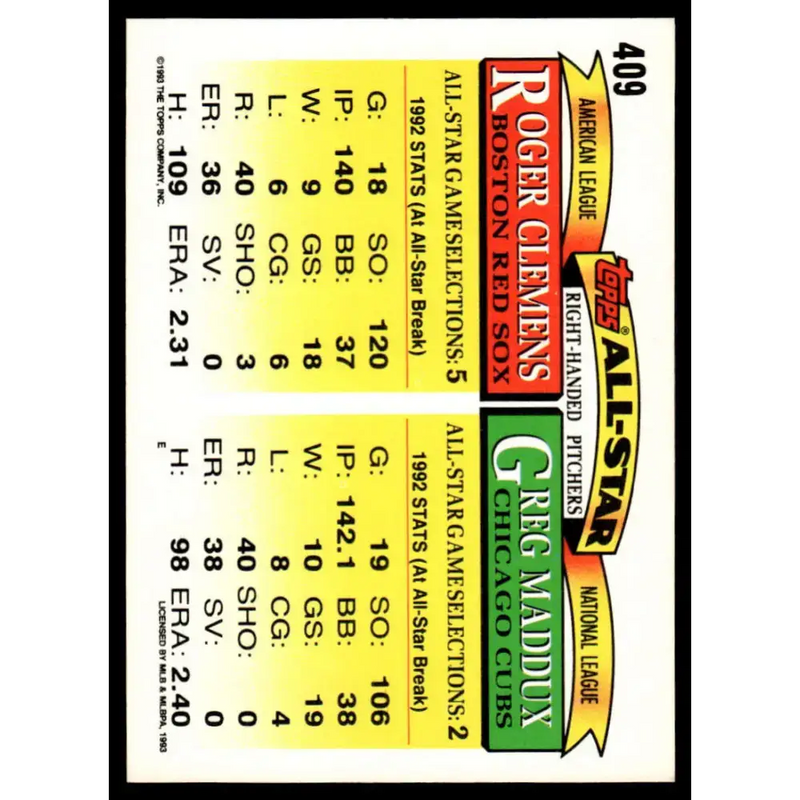 1993 Topps #409 Greg Maddux / Roger Clemens AS EX/NM Chicago Cubs / Boston Red Sox Baseball Card - Baseball Card Single