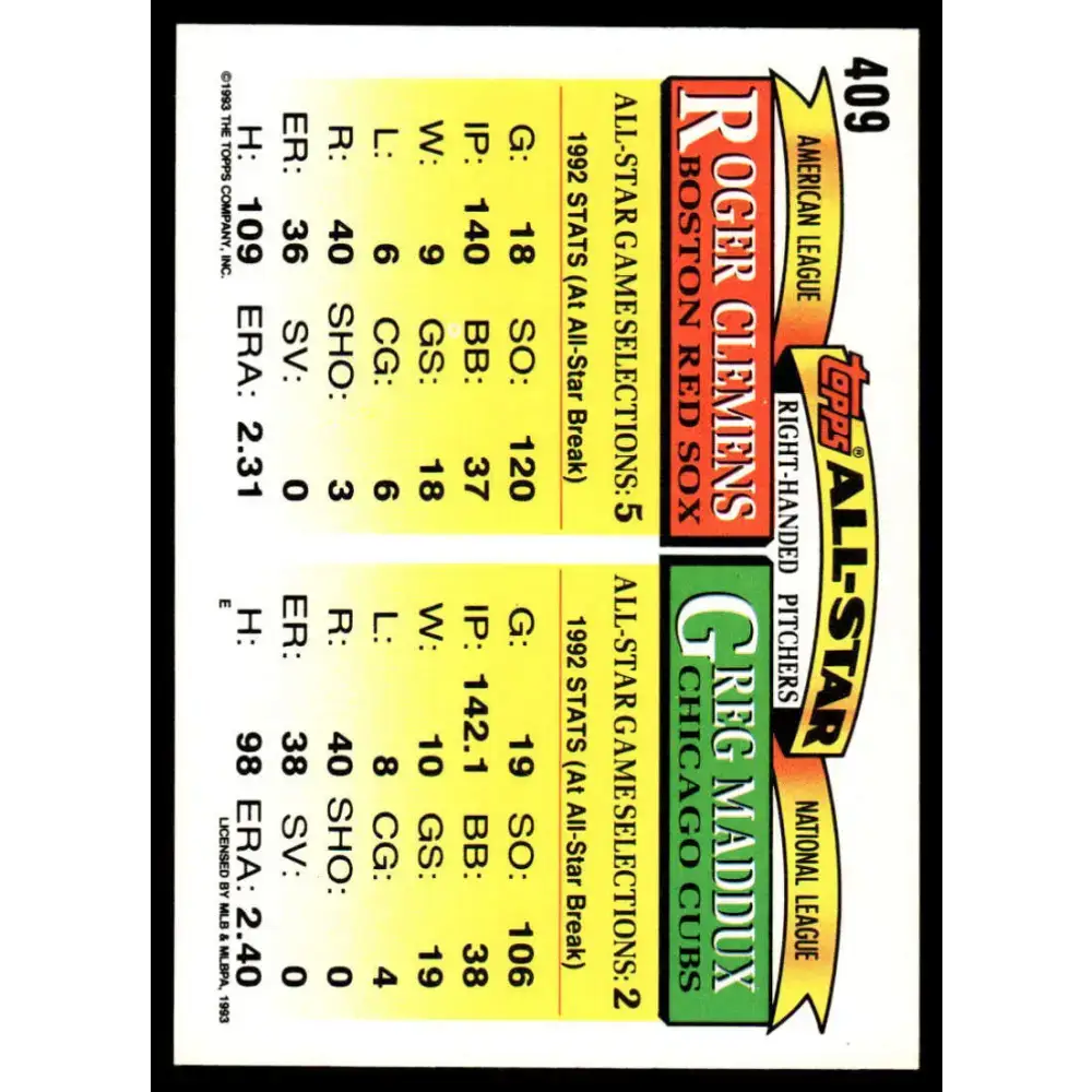1993 Topps #409 Greg Maddux / Roger Clemens AS EX/NM Chicago Cubs / Boston Red Sox Baseball Card - Baseball Card Single