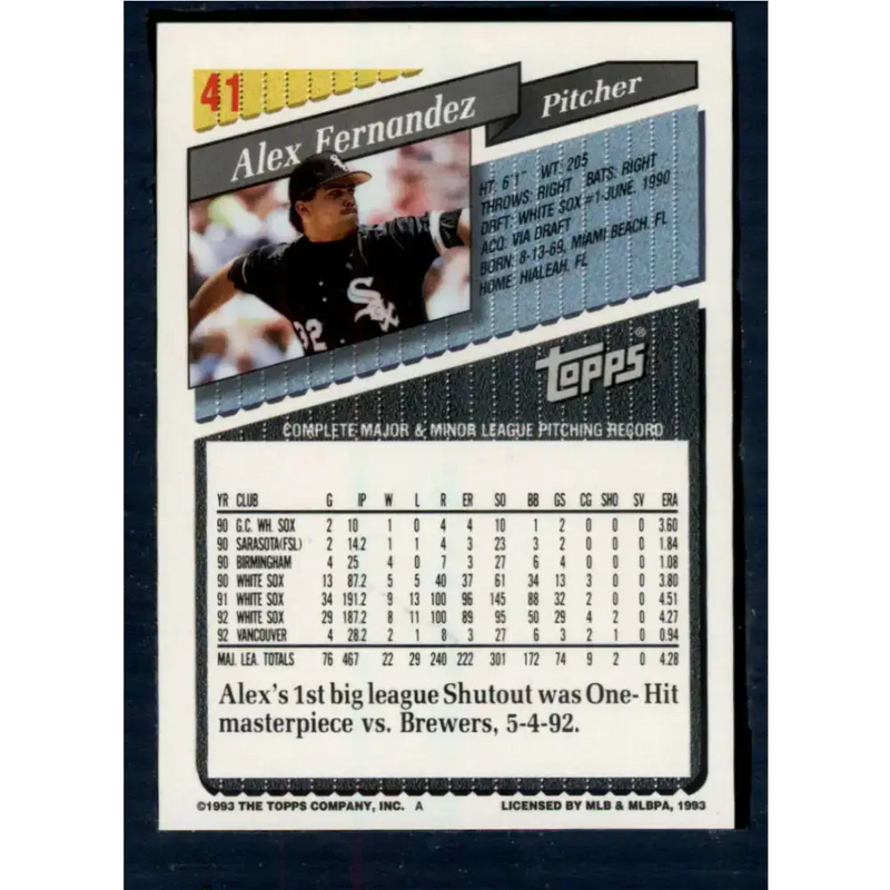 1993 Topps #41 Alex Fernandez NM-MT Chicago White Sox Baseball Card - Baseball Card Single