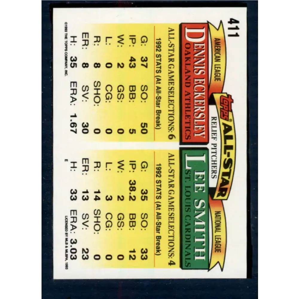 1993 Topps #411 Lee Smith/Dennis Eckersley NM-MT St. Louis Cardinals/Oakland Athletics Baseball Card - Baseball Card