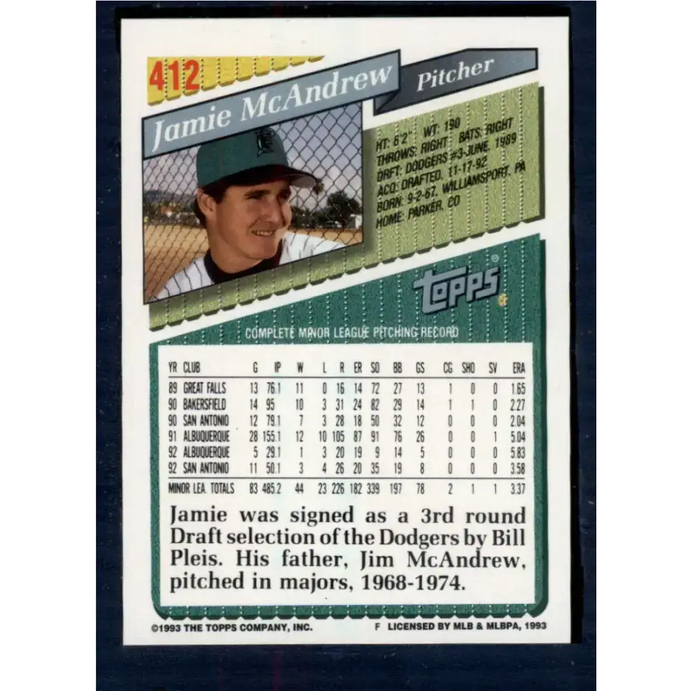 1993 Topps #412 Jamie McAndrew NM-MT Florida Marlins Baseball Card - Baseball Card Single