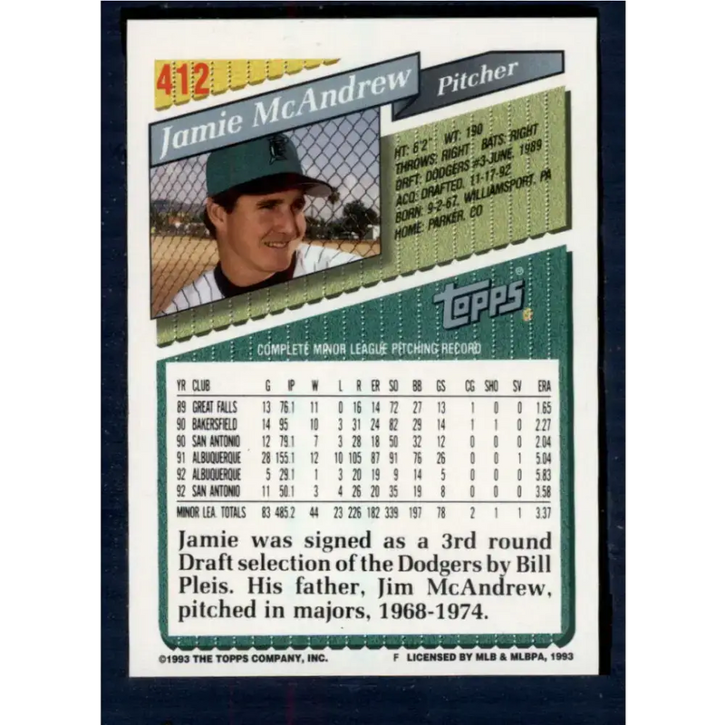 1993 Topps #412 Jamie McAndrew NM-MT Florida Marlins Baseball Card - Baseball Card Single