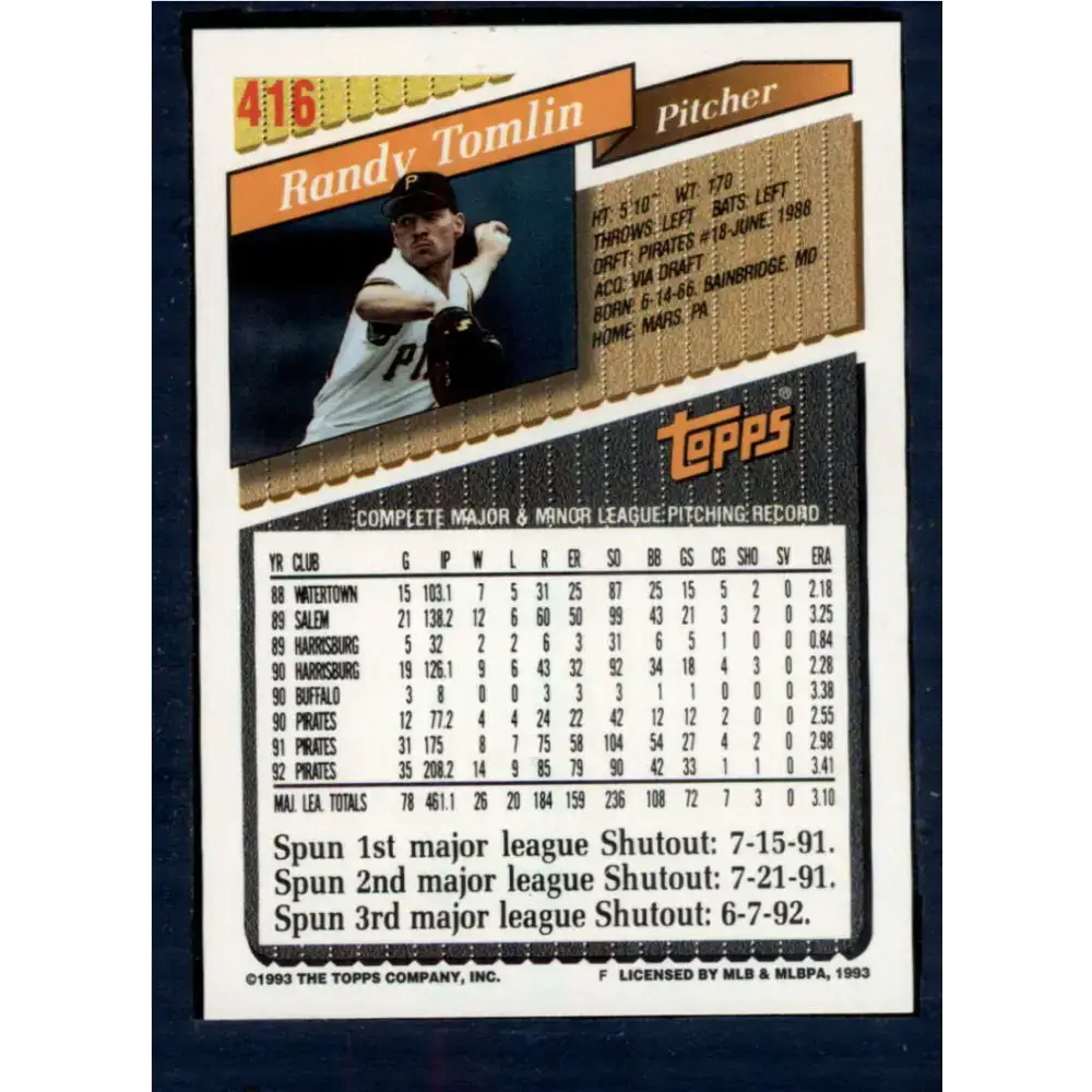 1993 Topps #416 Randy Tomlin NM-MT Pittsburgh Pirates Baseball Card - Baseball Card Single