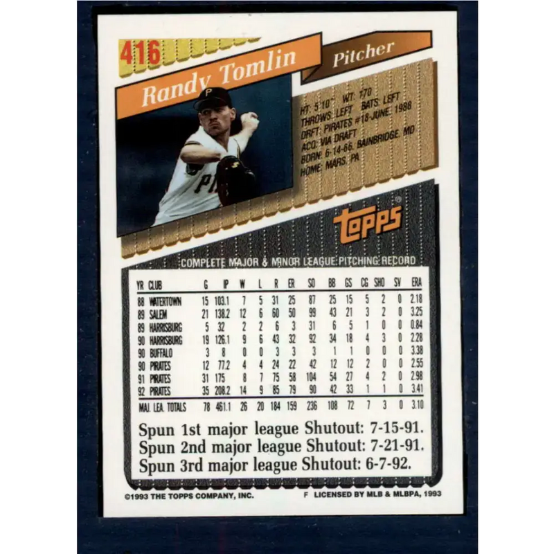 1993 Topps #416 Randy Tomlin NM-MT Pittsburgh Pirates Baseball Card - Baseball Card Single