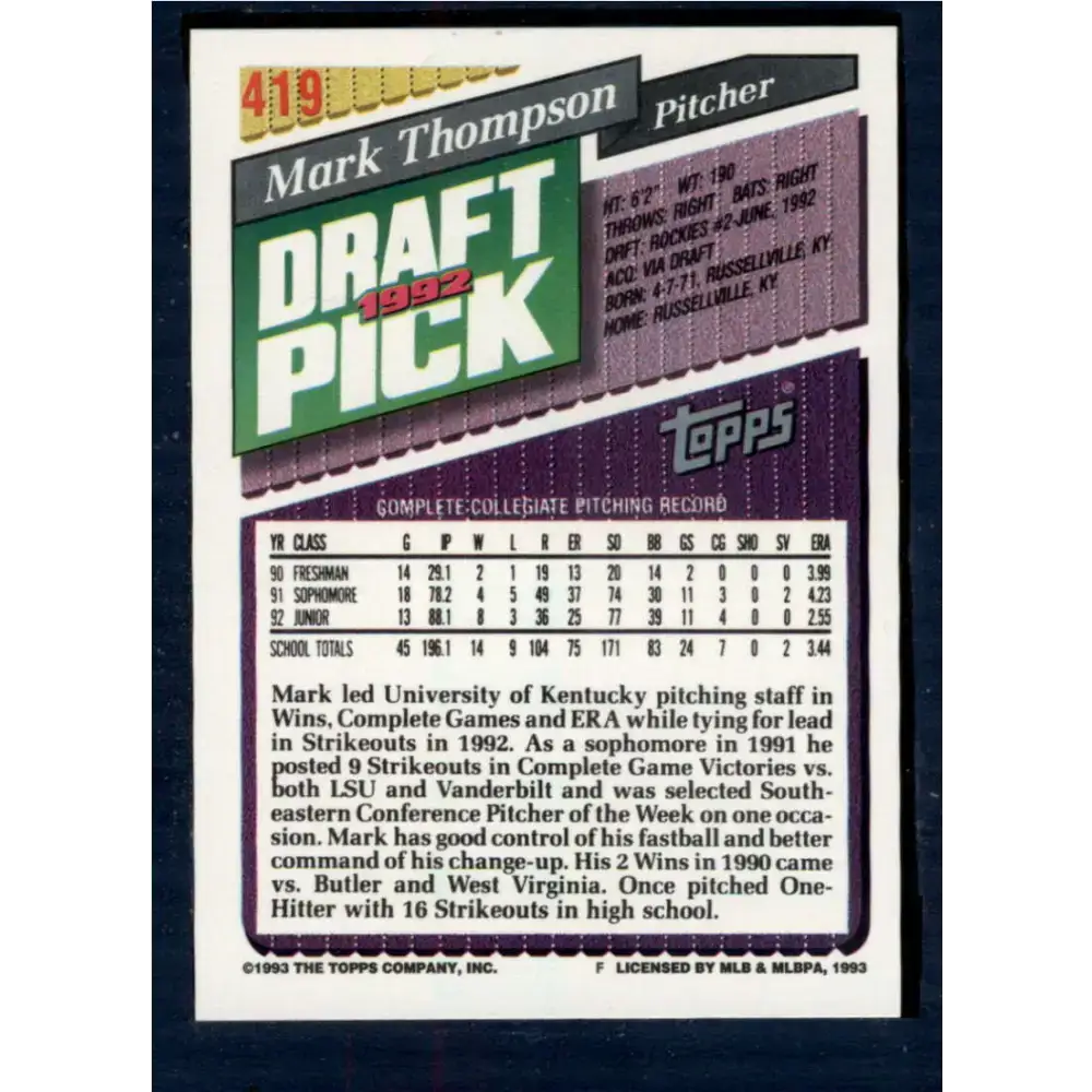 1993 Topps #419 Mark Thompson NM-MT RC Rookie Colorado Rockies Baseball Card - Baseball Card Single