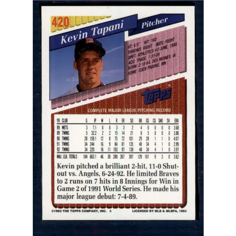 1993 Topps #420 Kevin Tapani NM-MT Minnesota Twins Baseball Card - Baseball Card Single