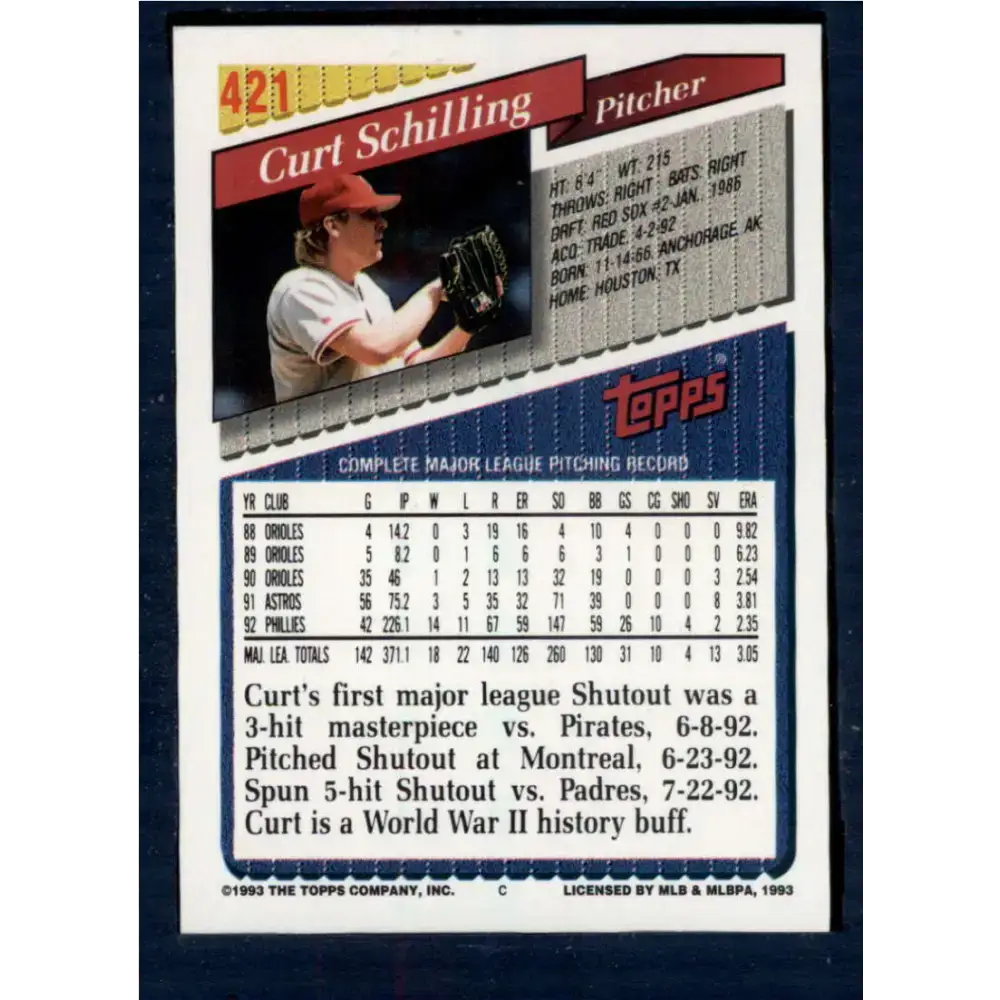 1993 Topps #421 Curt Schilling NM-MT Philadelphia Phillies Baseball Card - Baseball Card Single