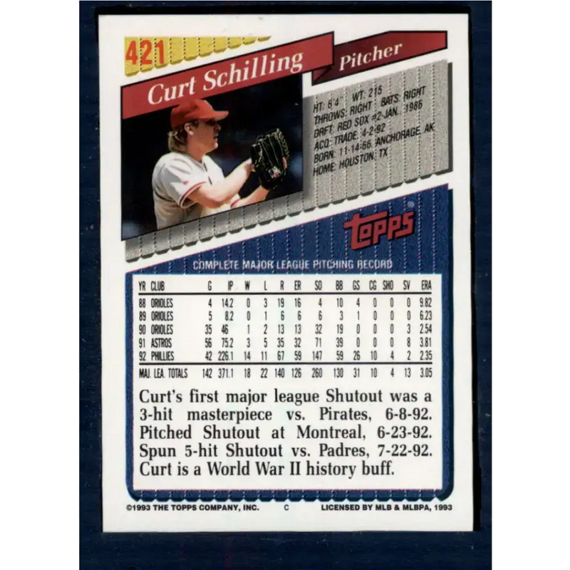 1993 Topps #421 Curt Schilling NM-MT Philadelphia Phillies Baseball Card - Baseball Card Single