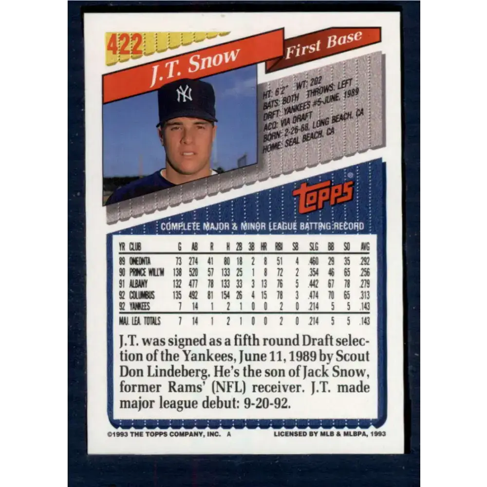 1993 Topps #422 J.T. Snow NM-MT RC Rookie New York Yankees Baseball Card - Baseball Card Single