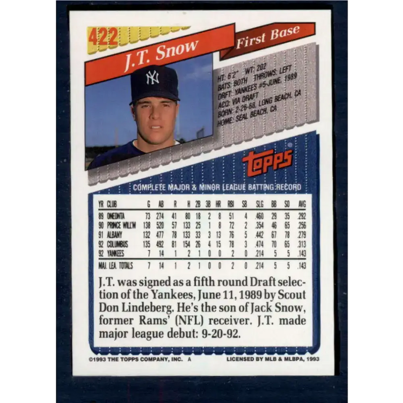 1993 Topps #422 J.T. Snow NM-MT RC Rookie New York Yankees Baseball Card - Baseball Card Single