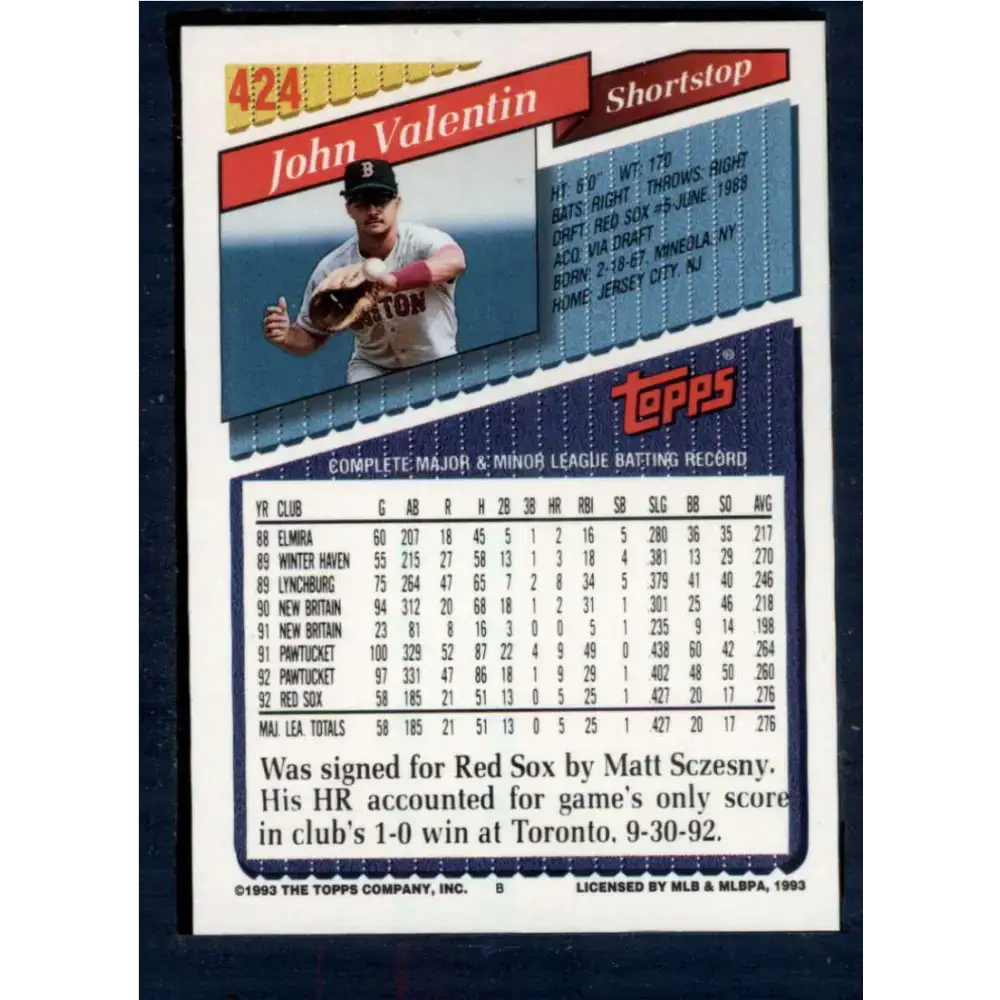 1993 Topps #424 John Valentin NM-MT Boston Red Sox Baseball Card - Baseball Card Single