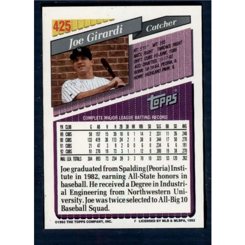1993 Topps #425 Joe Girardi NM-MT Colorado Rockies Baseball Card - Baseball Card Single