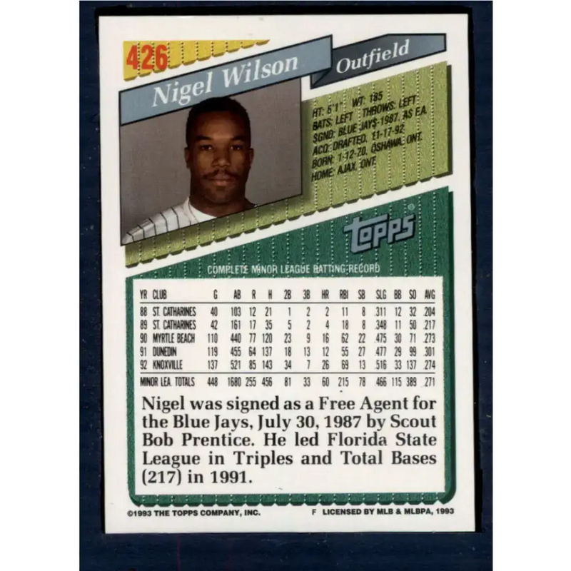 1993 Topps #426 Nigel Wilson NM-MT Florida Marlins Baseball Card - Baseball Card Single