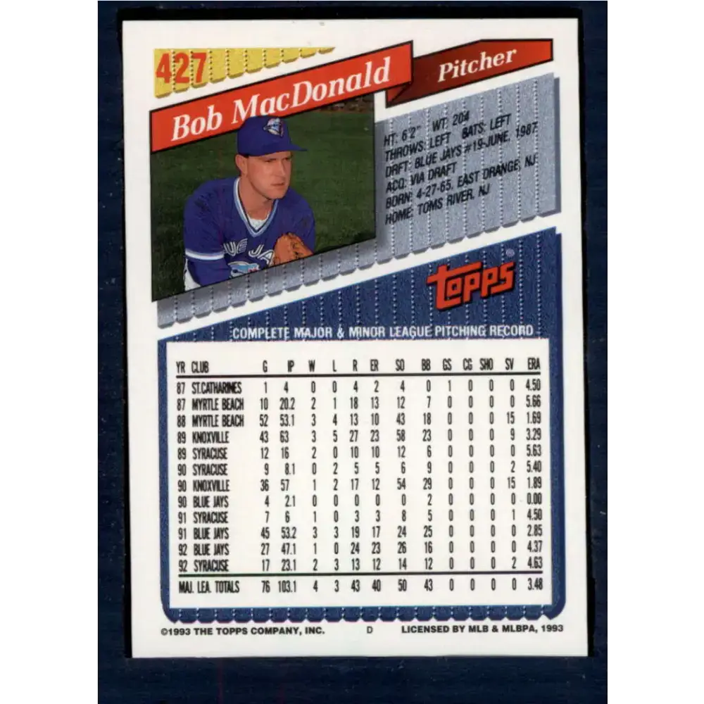 1993 Topps #427 Bob MacDonald NM-MT Toronto Blue Jays Baseball Card - Baseball Card Single