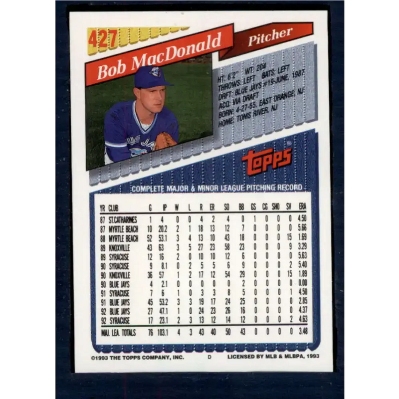 1993 Topps #427 Bob MacDonald NM-MT Toronto Blue Jays Baseball Card - Baseball Card Single