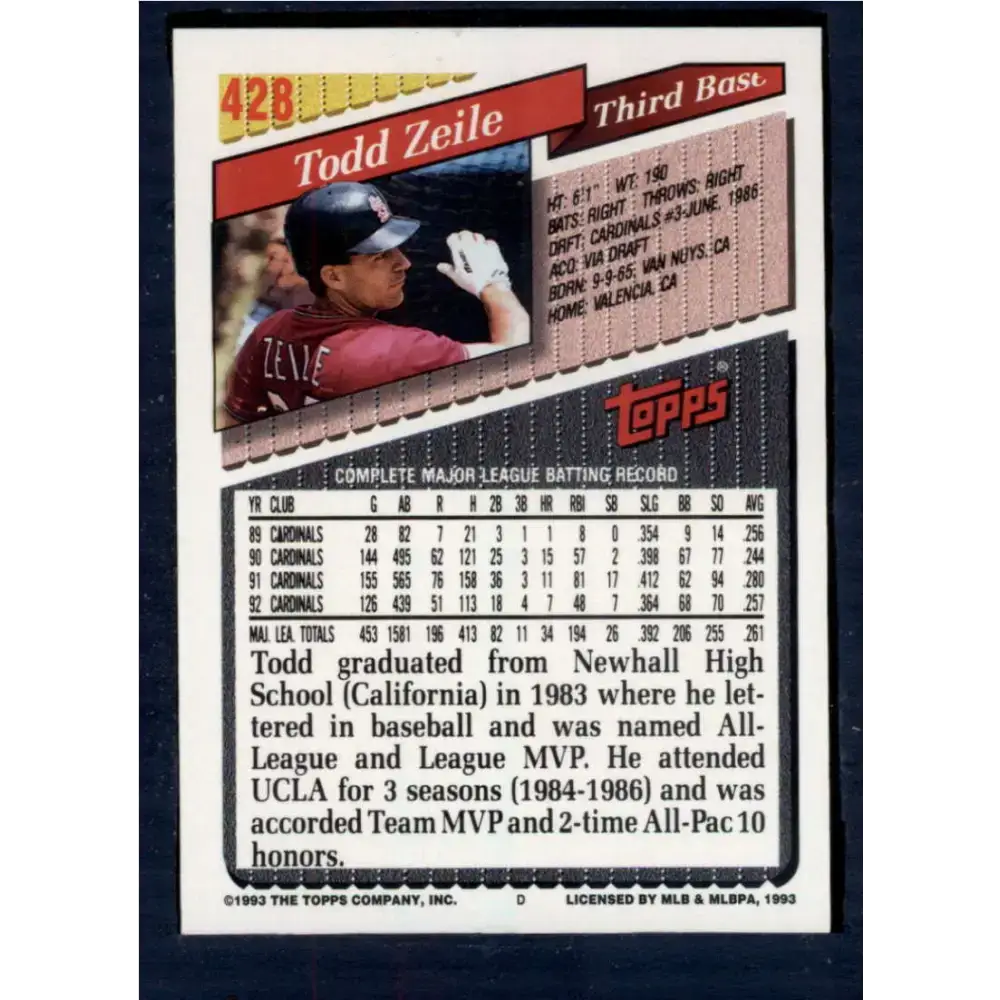 1993 Topps #428 Todd Zeile NM-MT St. Louis Cardinals Baseball Card - Baseball Card Single