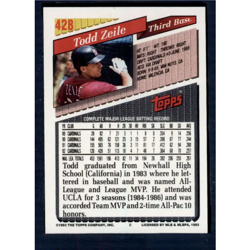 1993 Topps #428 Todd Zeile NM-MT St. Louis Cardinals Baseball Card - Baseball Card Single