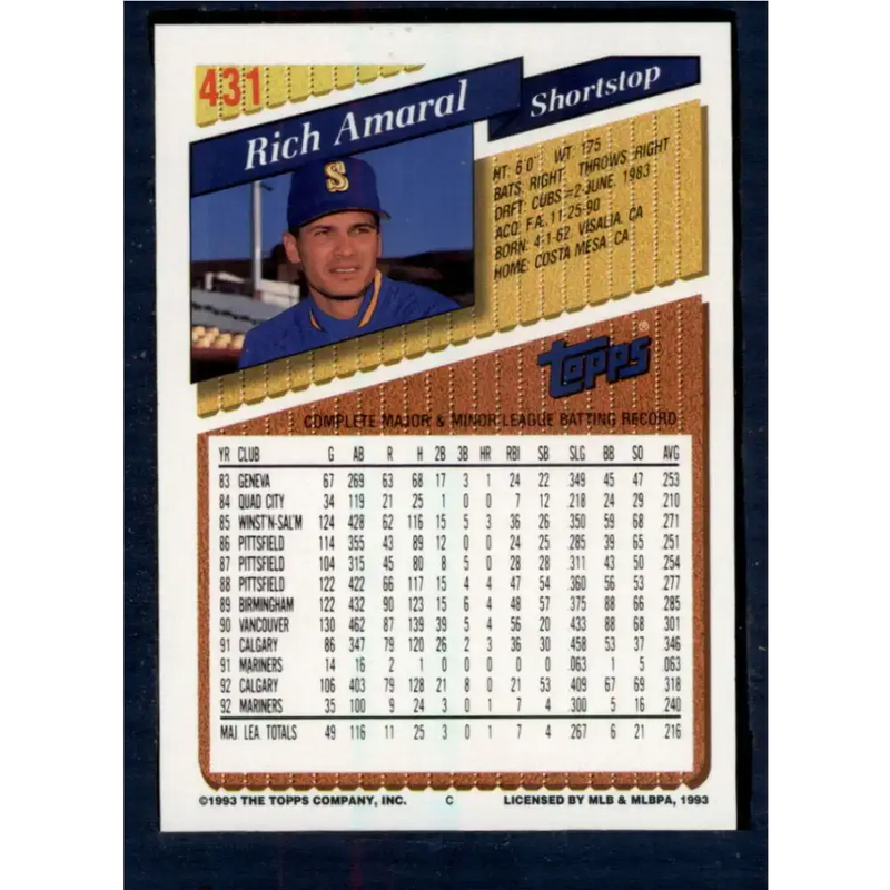 1993 Topps #431 Rich Amaral NM-MT Seattle Mariners Baseball Card - Baseball Card Single