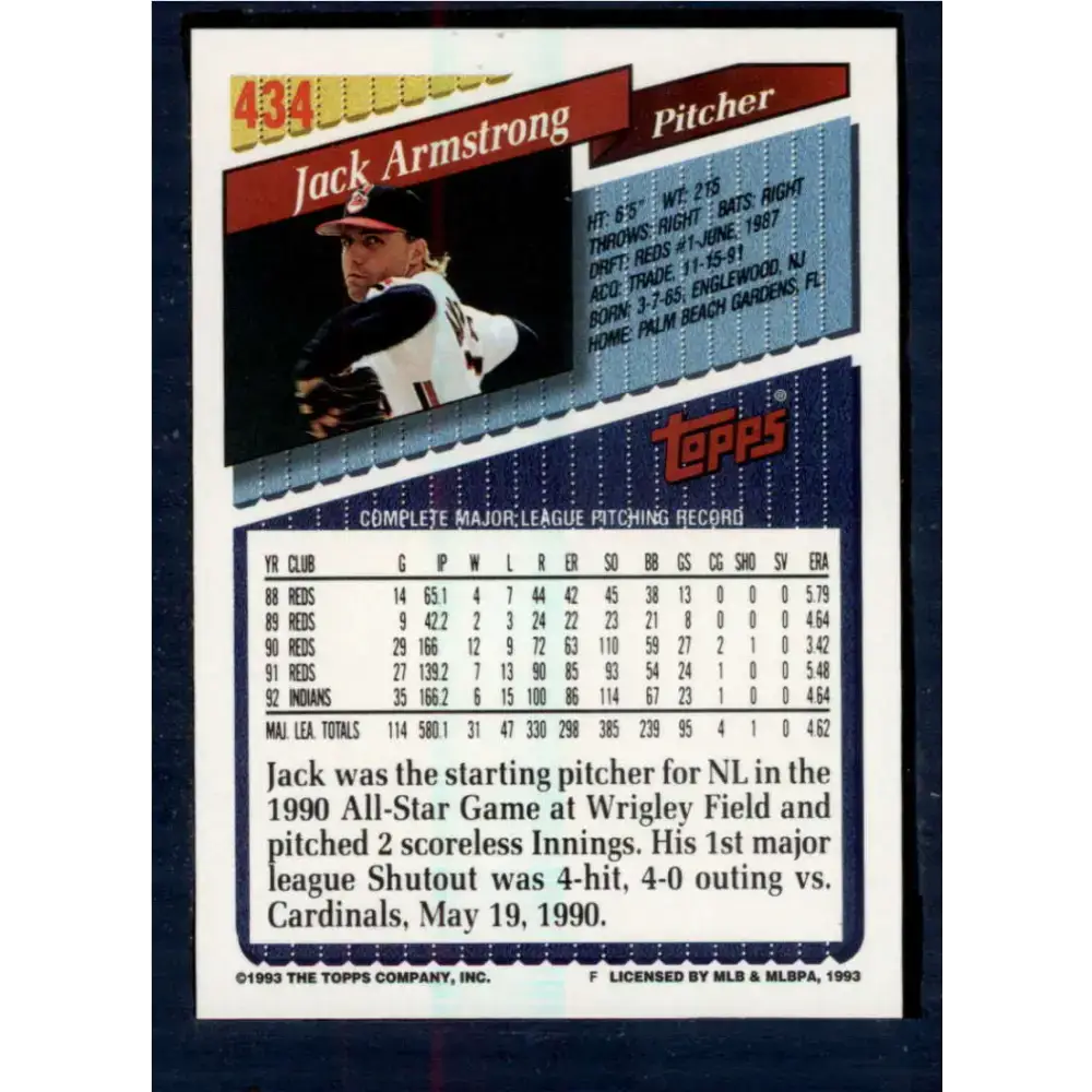 1993 Topps #434 Jack Armstrong NM-MT Cleveland Indians Baseball Card - Baseball Card Single