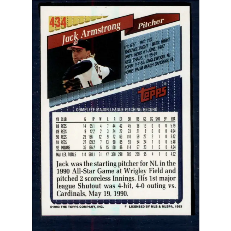 1993 Topps #434 Jack Armstrong NM-MT Cleveland Indians Baseball Card - Baseball Card Single
