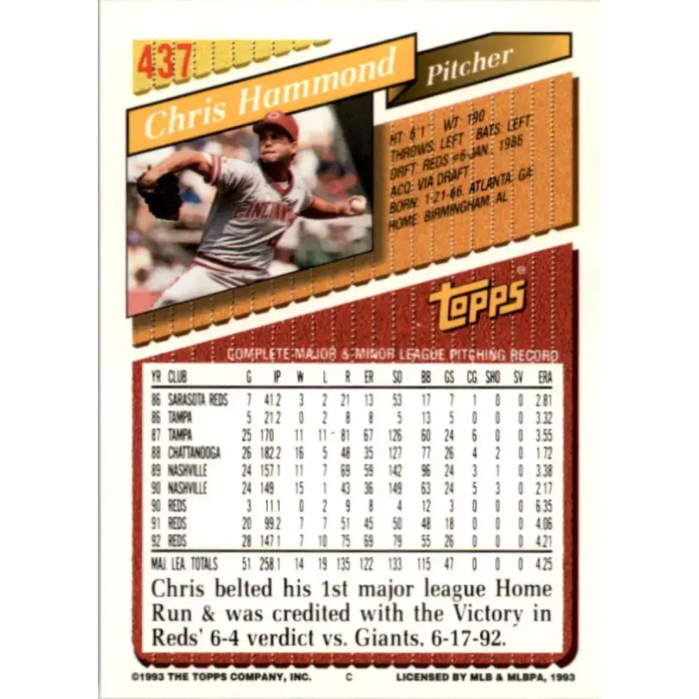 1993 Topps #437 Chris Hammond NM-MT Cincinnati Reds Baseball Card - Baseball Card Single