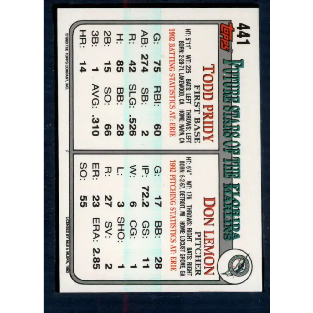 1993 Topps #441 Don Lemon/Todd Pridy NM-MT RC Rookie Florida Marlins Baseball Card