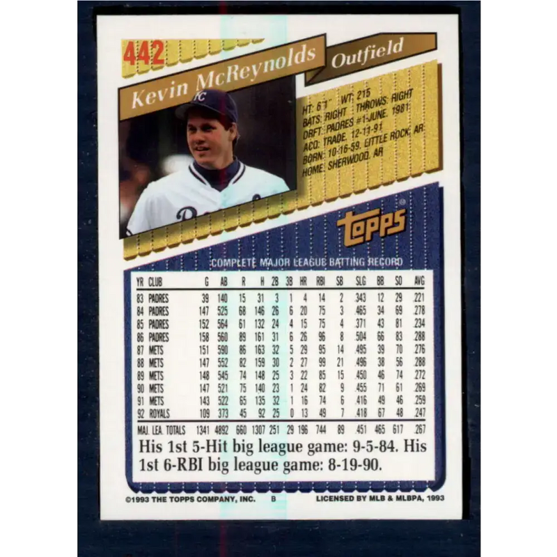 1993 Topps #442 Kevin McReynolds NM-MT Kansas City Royals Baseball Card - Baseball Card Single