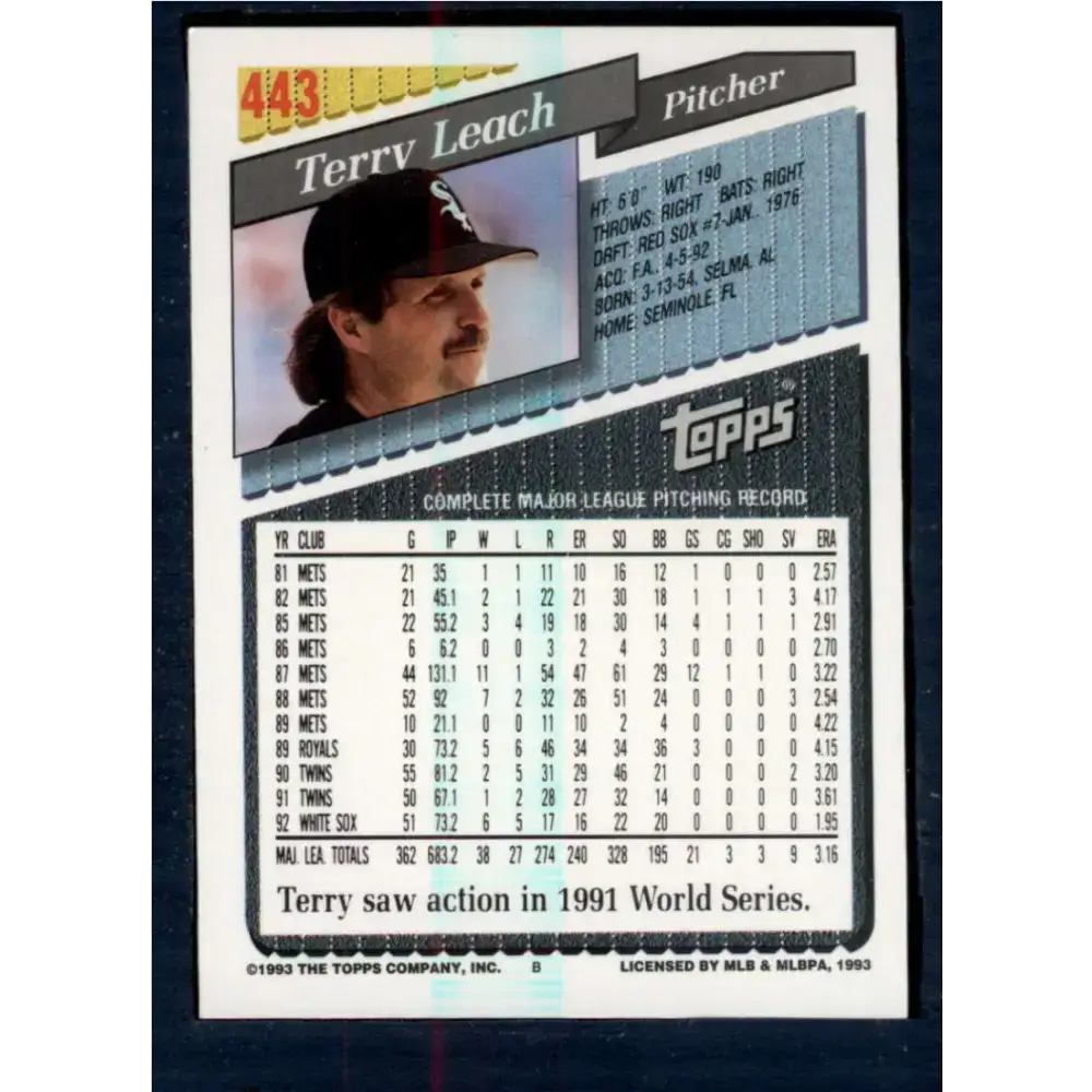 1993 Topps #443 Terry Leach NM-MT Chicago White Sox Baseball Card - Baseball Card Single