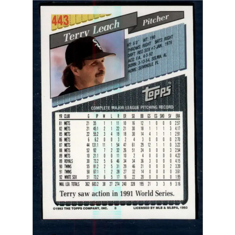 1993 Topps #443 Terry Leach NM-MT Chicago White Sox Baseball Card - Baseball Card Single