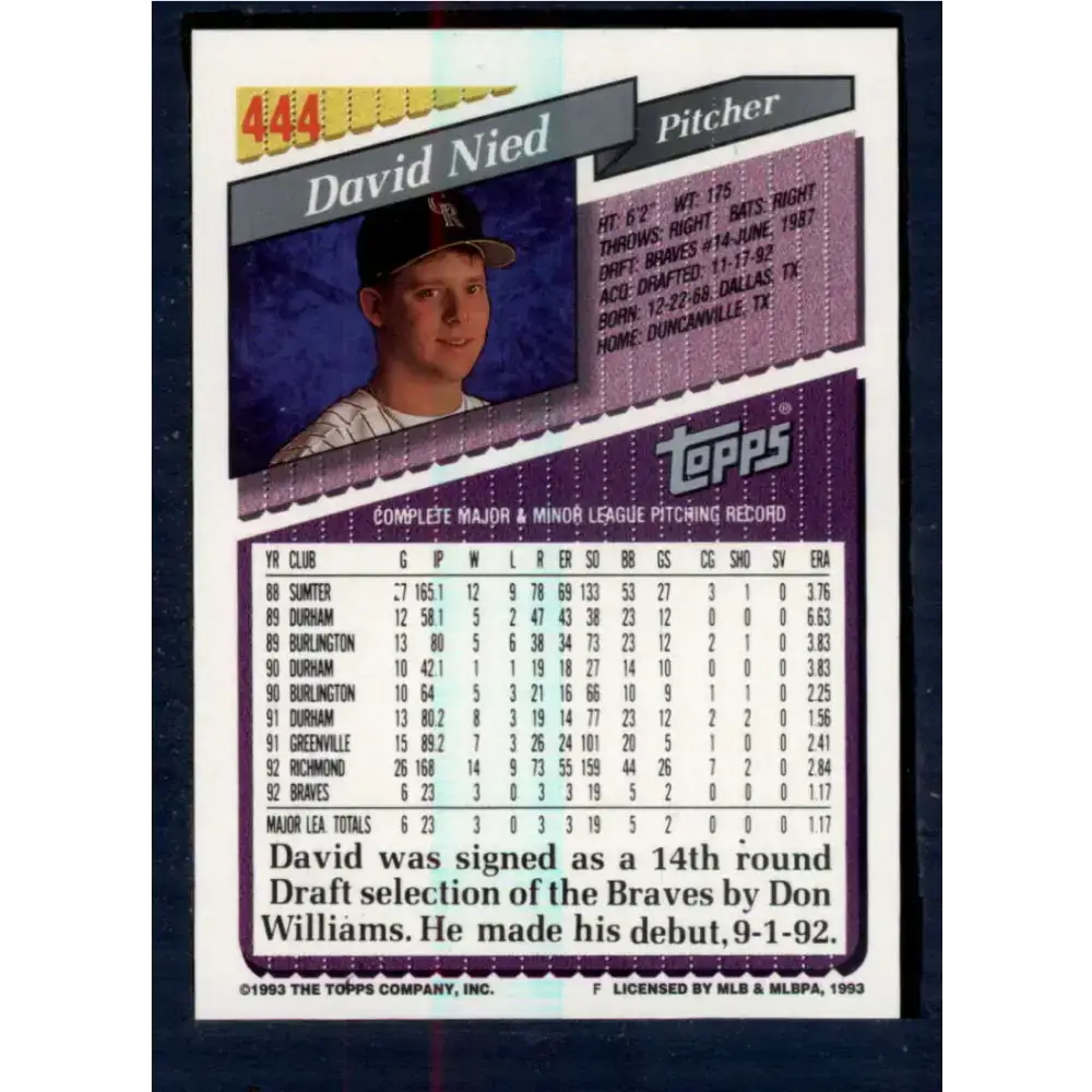 1993 Topps #444 David Nied NM-MT Colorado Rockies Baseball Card