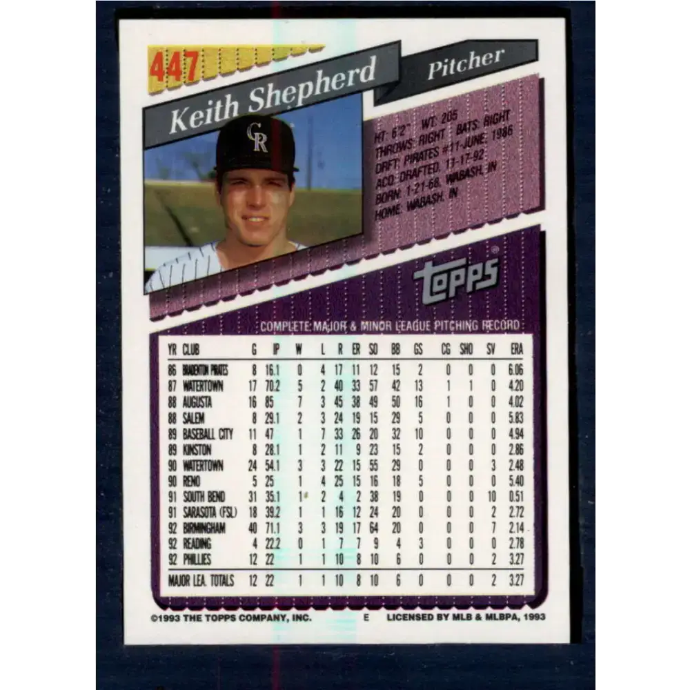 1993 Topps #447 Keith Shepherd NM-MT RC Rookie Colorado Rockies Baseball Card - Baseball Card Single