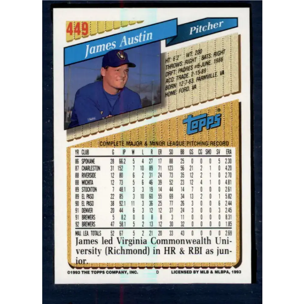 1993 Topps #449 Jim Austin NM-MT Milwaukee Brewers Baseball Card - Baseball Card Single
