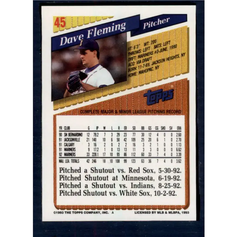 1993 Topps #45 Dave Fleming NM-MT Seattle Mariners Baseball Card - Baseball Card Single