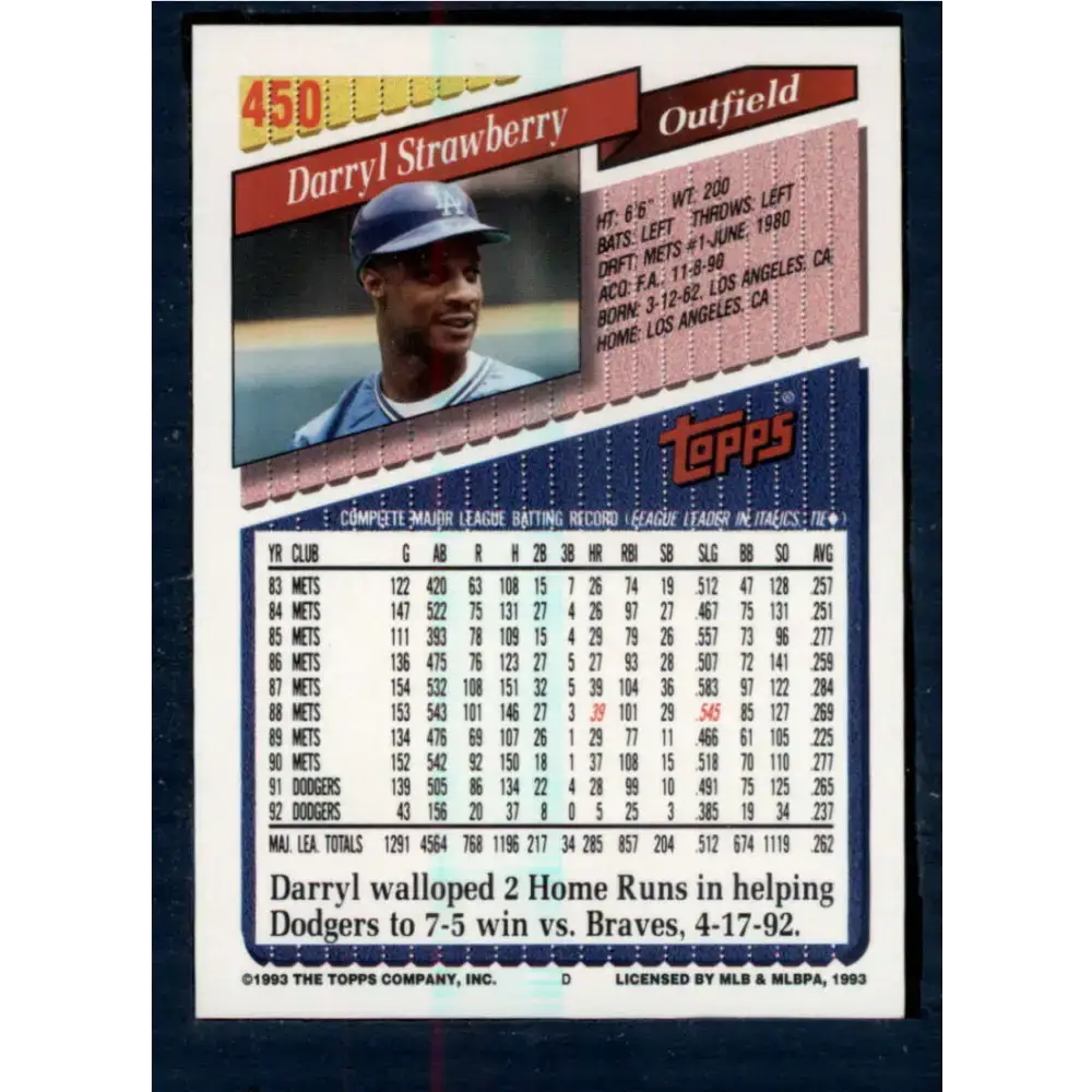 1993 Topps #450 Darryl Strawberry NM-MT Los Angeles Dodgers Baseball Card - Baseball Card Single