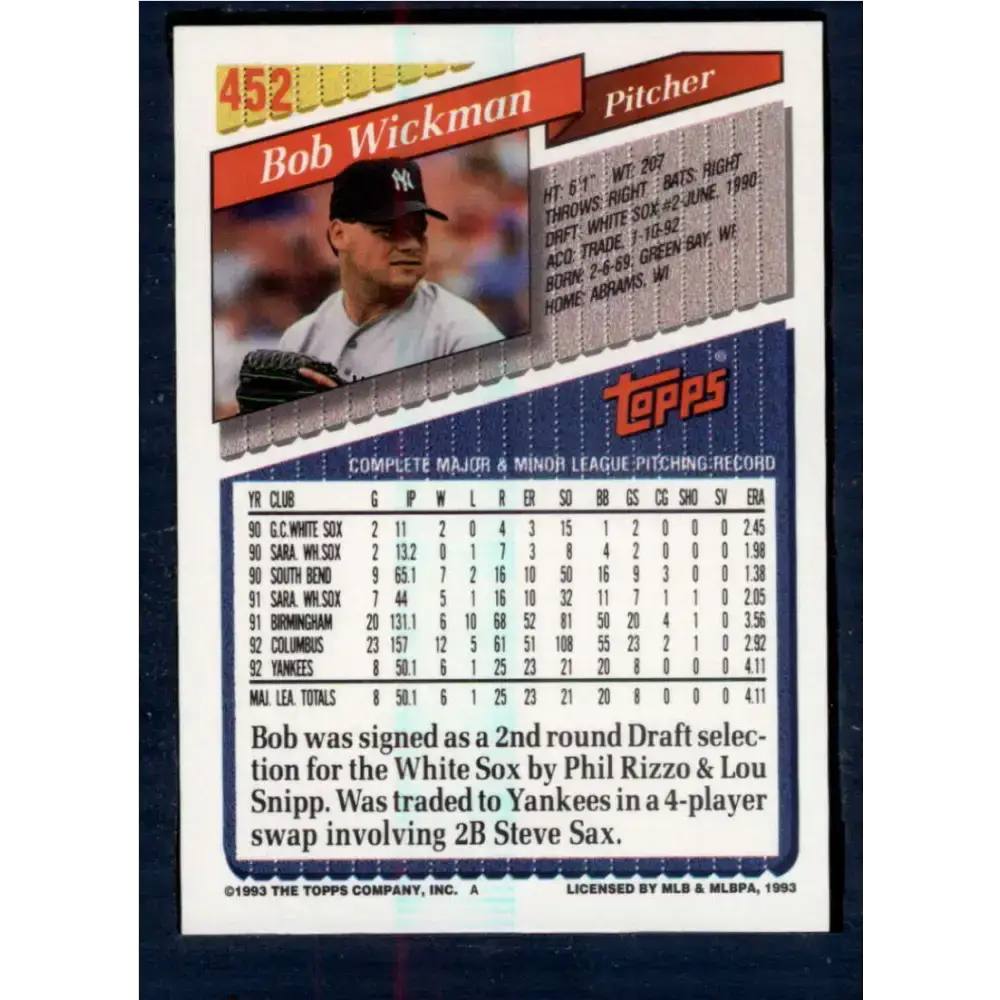 1993 Topps #452 Bob Wickman NM-MT New York Yankees Baseball Card