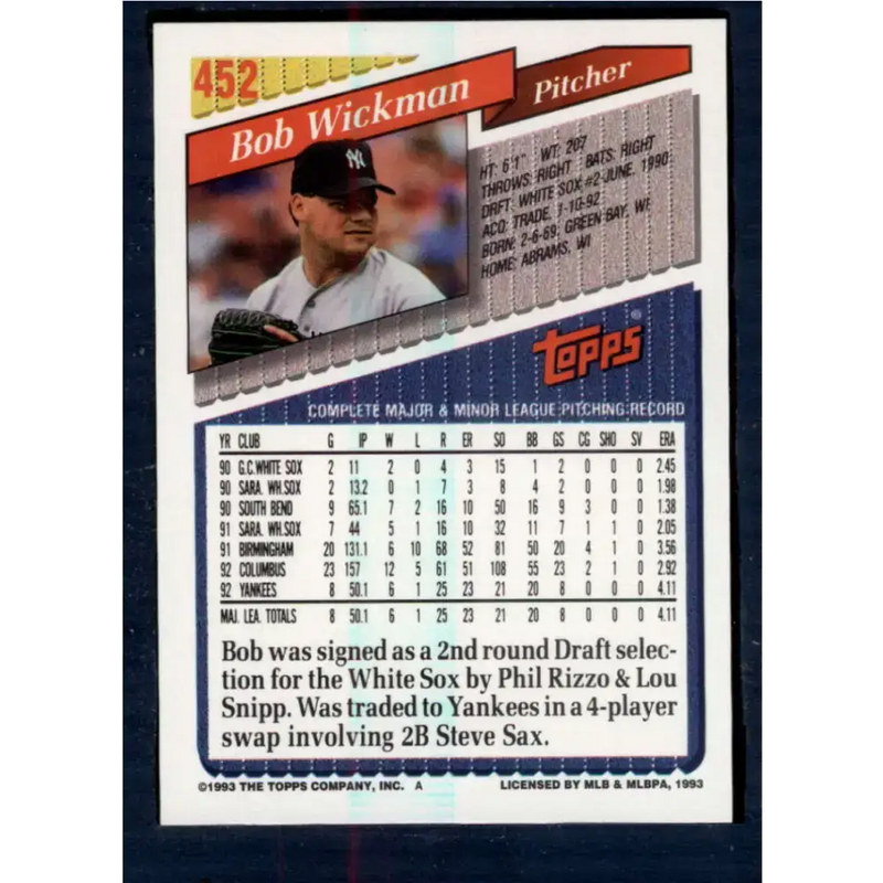 1993 Topps #452 Bob Wickman NM-MT New York Yankees Baseball Card